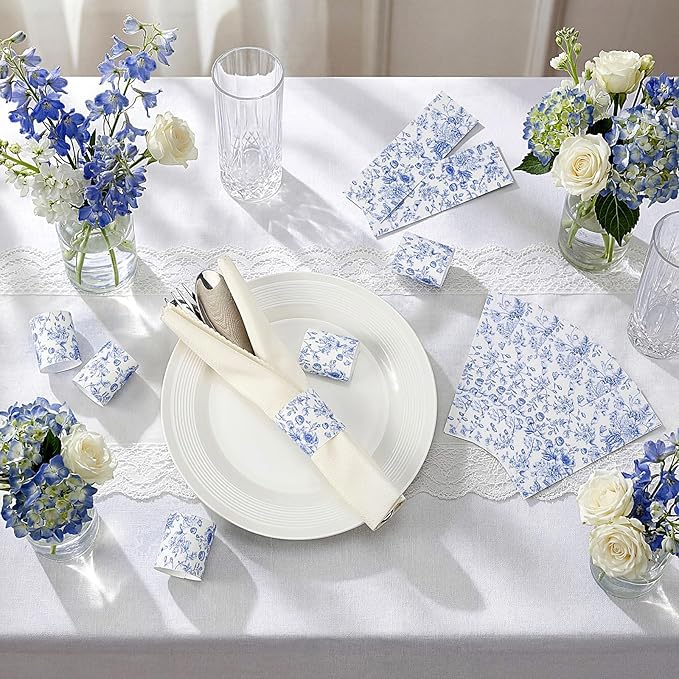 300 Pcs Wedding Paper Napkin Rings Disposable Napkin Bands Self Adhesive Blue White Flower Silverware Wrap Band for Wedding Birthday Holiday Party Dinner Table Setting Decoration
