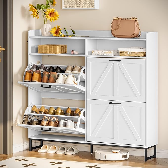 Shoe Cabinet Storage for Entryway, Shoe Storage Cabinet with 4 Flip Drawers, Freestanding Narrow Shoe Rack Organizer with Metal Legs for Foyer, Hallway, White