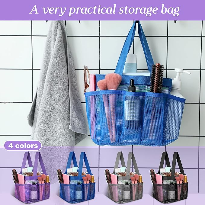 Hillban 4 Pcs Mesh Shower Caddy Portable Shower Caddy for Dorm Beach Mesh Bags with Deeper 8 Pockets and Handles Showers Caddies Basket for Women College Room Vacation(Blue, Purple, Black, Gray)