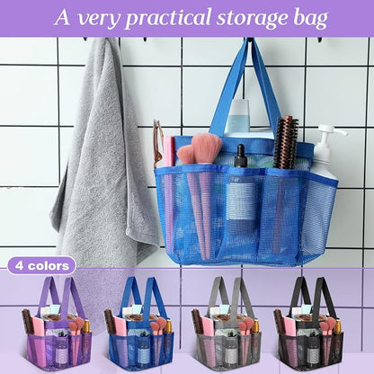 Hillban 4 Pcs Mesh Shower Caddy Portable Shower Caddy for Dorm Beach Mesh Bags with Deeper 8 Pockets and Handles Showers Caddies Basket for Women College Room Vacation(Blue, Purple, Black, Gray)