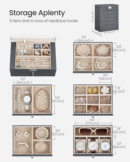 SONGMICS 6 Tier Jewelry Box, Jewelry Storage Organizer with 5 Drawers, Large Storage Capacity, with Mirror, Lockable, Jewelry Case, Gift for Loved Ones, For Watches, Gray UJBC152G01