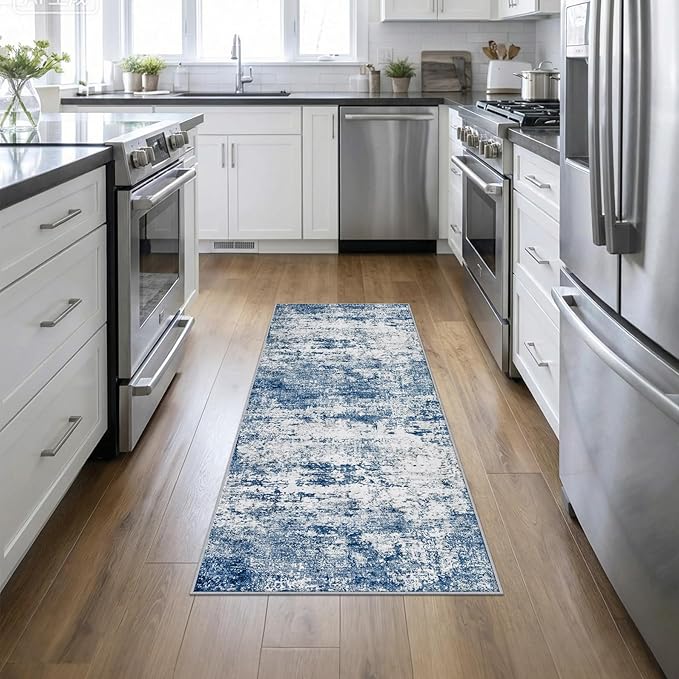 2'x6' Runner Rug Washable Rug: Modern Abstract Soft Thin Runner Rug Blue