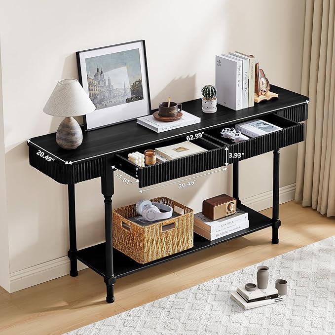 63'' Fluted Console Table with 2 Drawers, 2-Tier Long Entryway Tables with Open Storage, Wooden Narrow Sofa Table Behind Couch, Foyer Accent Table for Living Room, Hallway, Entrance (Black)