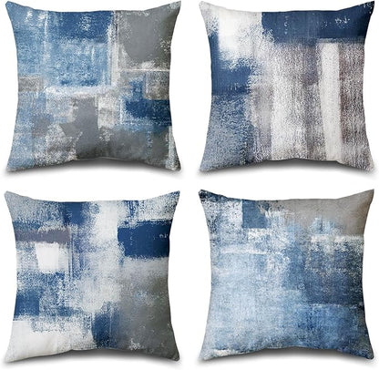 Set of 4 Blue and Grey Abstract Art Artwork Pillow Cover 16 x 16 Inch, Gallery Modern Decorative Throw Pillows Cushion Cover for Bedroom Sofa Living Room