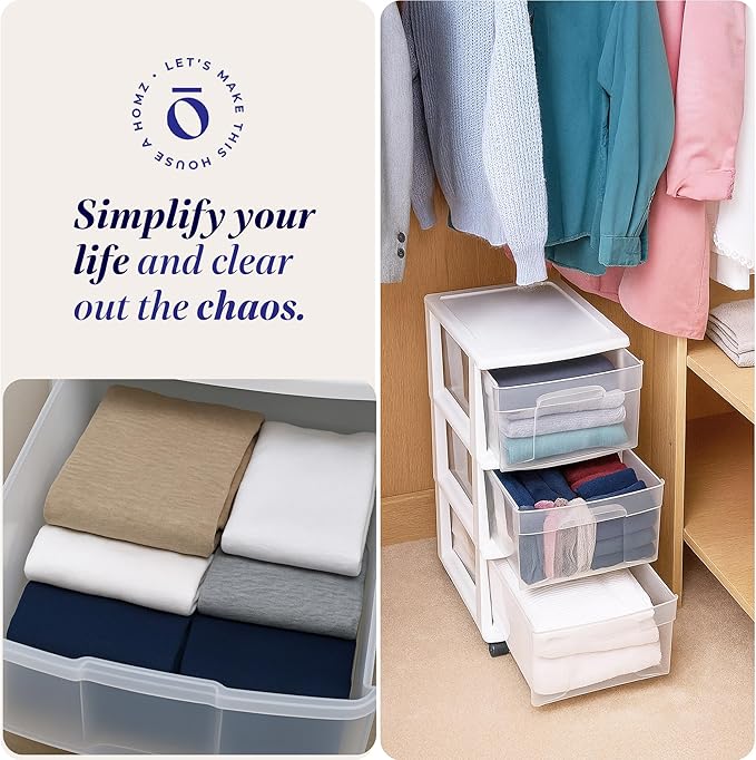 HOMZ 3-Drawer Storage Cart, Plastic Home, Dorm, & Office Organizer, White Frame