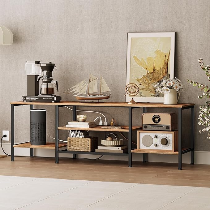 HOOBRO TV Stand with Power Outlets to 75 Inches, TV Console Table with Open Storage Shelves Cabinet, Industrial Media Entertainment Center for Living Room Bedroom, Rustic Brown and Black BF60DS01