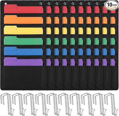 10 Pack Hanging Wall File Organizer, 60 Pockets Storage Pocket Chart, 20 Metal Hangers Included, Versatile Hanging Paper File Folder for Classroom Mailbox Office Home, 30.7 x 14.5 Inch