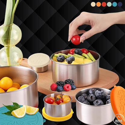 Alpine Elevation 12 Pcs - 6 Stainless Steel Containers + 6 Silicone Lids | 304 Stainless Steel Snack Container | Nesting Snack and Dip Containers | Metal Food Storage
