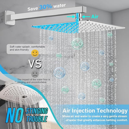Shower Faucet Set Bathroom Square Rain Shower Head and Handle Set, Wall Mounted Shower Fixtures With Shower Valve and Trim Kit 12 inch Polished Chrom