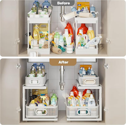 2 Pack 18.5IN-Depth Under Sink Organizer With Next-Gen Ball-Bearing Slides,2-Tier Precision Mesh Pull Out Cabinet Storage for Bathroom&Kitchen,Height Adjustable Drawers Shelf,Anti-rust-White