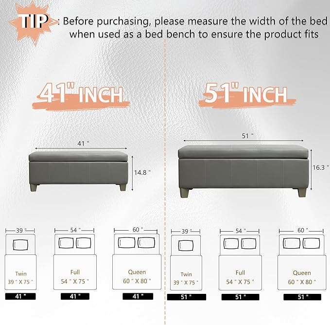 51 Inch Storage Ottoman, Storage Bench with Safety Hinge, Upholstered Synthetic Leather Ottoman Bench for Bedroom, Living Room, Entryway, Hallway, Foot Rest, Support 500lbs
