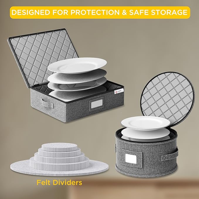 YearningHome China Storage Containers Hard Shell,Moving Boxes for Mugs,Wine Glassess,Plates,Sausers,Utensils and Dinnerware, Sturdy Dish Organizer with Felt Dividers,8-Piece Set,Grey