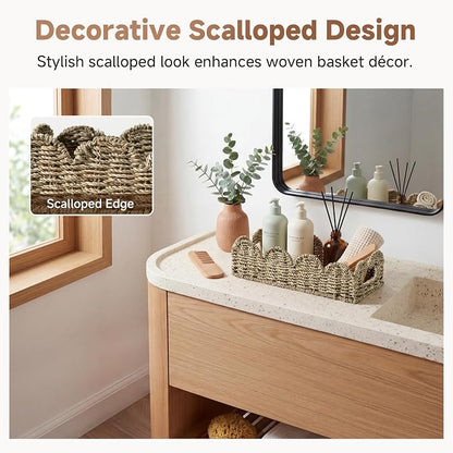 StorageWorks Small Wicker Scalloped Baskets for Bathroom Decor, Long Narrow Decorative Seagrass Baskets for Storage, Toilet Paper Basket for Back of Toilet Basket Tank Topper with Handles