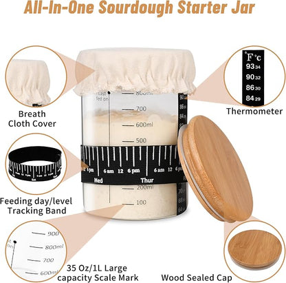 Xileanalee Pro Sourdough Starter Jar Kit 2 Packs-35 Oz Sourdough Bread Starter Jar Kit with Date Marked Feeding Band,Thermometer,Spatula,Cloth Cover& Lid for Sour Dough Bread Loaf (2 Pcs)