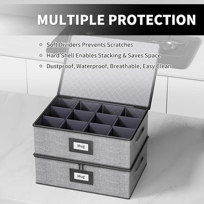 Aokeyee 2-Pack Cup & Mug Storage Box with Dividers, Hard Shell Organizer with Lid, Handles, Zippers & Label Slot, Holds 24 Mugs, Teacups & Glasses, Stackable Containerfor Moving & Protection, Grey