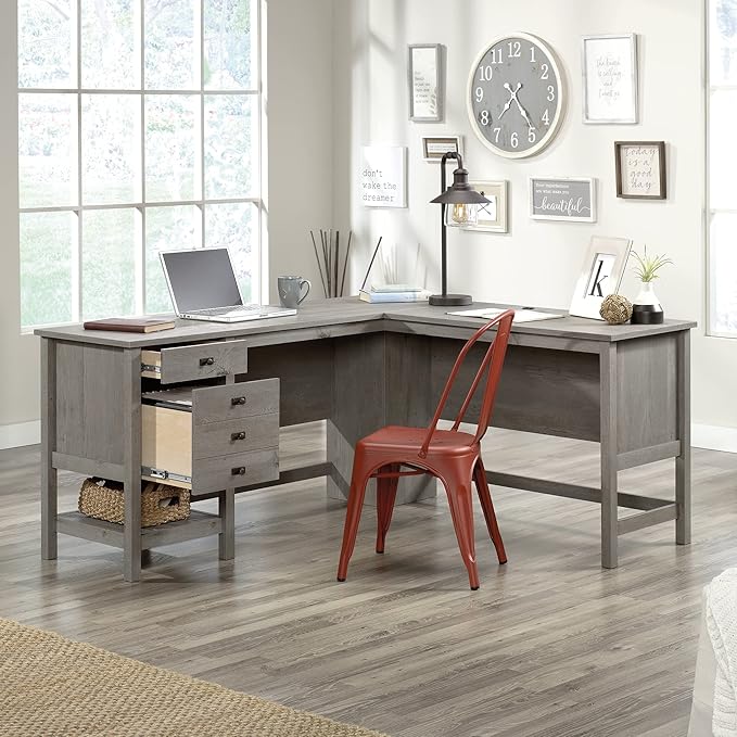 Sauder Cottage Road L Shaped Desk Computer Desk with Drawers, Home Office Desk with Optional File Cabinet Storage, Cable Management, in Mystic Oak Finish