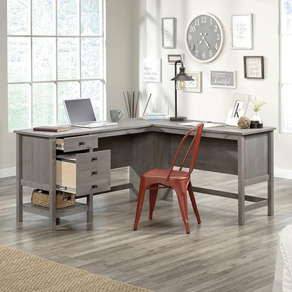 Sauder Cottage Road L Shaped Desk Computer Desk with Drawers, Home Office Desk with Optional File Cabinet Storage, Cable Management, in Mystic Oak Finish