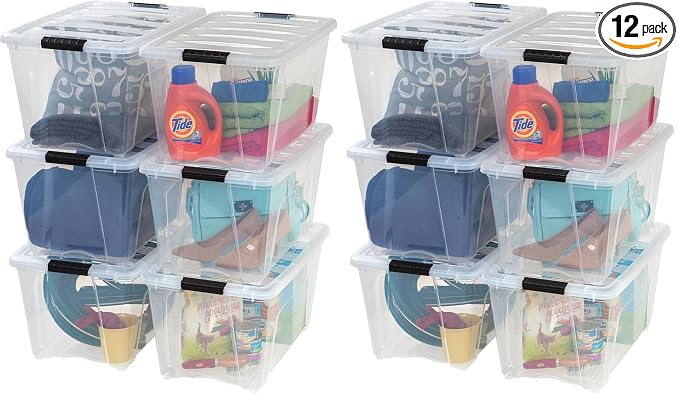 IRIS USA 54 Qt Stackable Plastic Storage Bins with Lids, 12 Pack - BPA-Free, Made in USA - See-Through Organizing Solution, Latches, Durable Nestable Containers, Secure Pull Handle - Clear