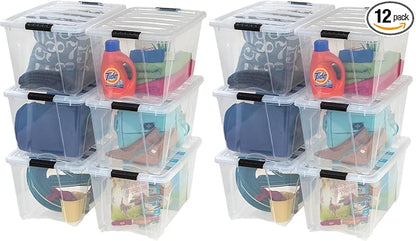 IRIS USA 54 Qt Stackable Plastic Storage Bins with Lids, 12 Pack - BPA-Free, Made in USA - See-Through Organizing Solution, Latches, Durable Nestable Containers, Secure Pull Handle - Clear
