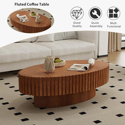 Oval Fluted Coffee Table Mid Century Modern Coffee Tables with Handcrafted Relief Ellipse Drum End Table Rustic Industrial Center Tables for Apartment Living Room (Wood Oval)