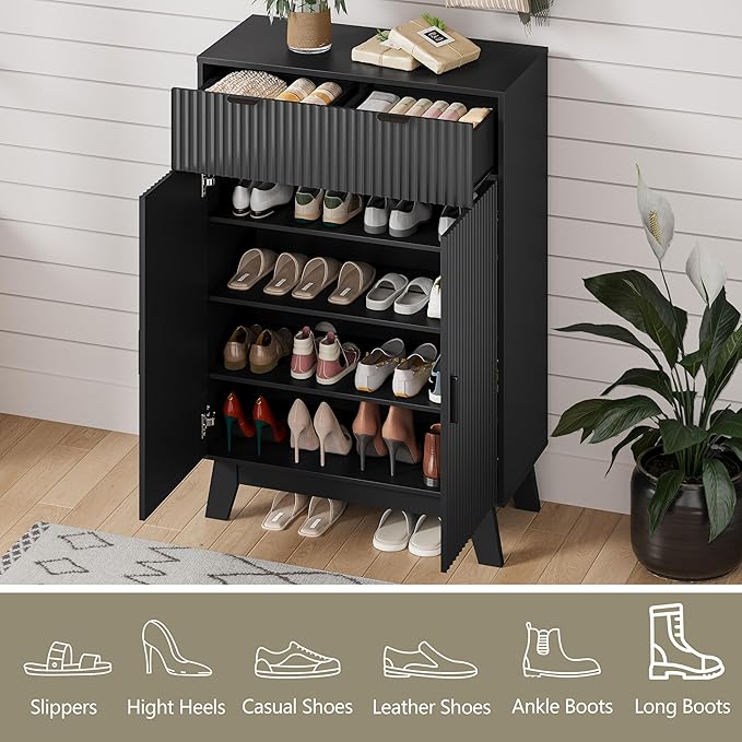 Shoe Cabinet Storage for Entryway, 4 Tier Fluted Shoe Storage Cabinet with 2 Drawers, Narrow Hidden Shoe Organizer with Adjustable Shelves, Freestanding Shoe Rack for Entryway, Hallway, Black
