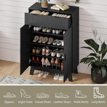Shoe Cabinet Storage for Entryway, 4 Tier Fluted Shoe Storage Cabinet with 2 Drawers, Narrow Hidden Shoe Organizer with Adjustable Shelves, Freestanding Shoe Rack for Entryway, Hallway, Black