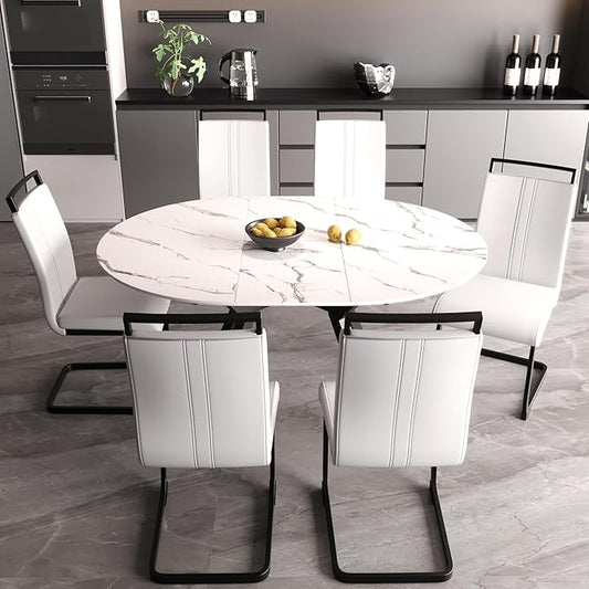 Extendable Round Dining Table Set for 6, 7 piece Dining Table Set with 47-63" Extendable Table and 6 Upholstered Chairs, Modern Sturdy MDF Kitchen Table Set for Small Spaces, Dining Room and Office