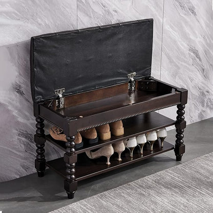 Shoe Storage Bench with Cushion, Entry Bench with Storage Solid Wood Shoe Bench Ideal for Entryway Living Room and Corridor (Walnut 39.4'')