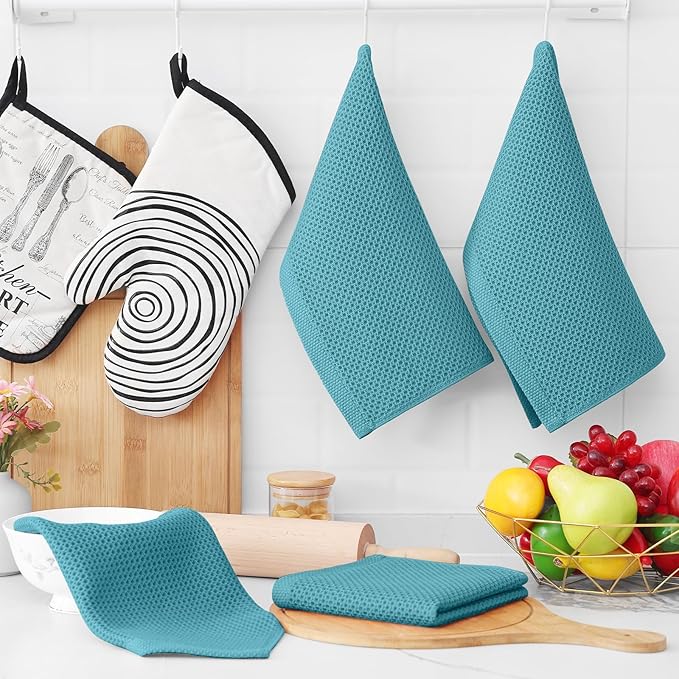 Homaxy 100% Cotton Waffle Weave Kitchen Dish Cloths, Ultra Soft Absorbent Quick Drying Dish Towels, 12 x 12 Inches, 18-Pack, Lake Blue