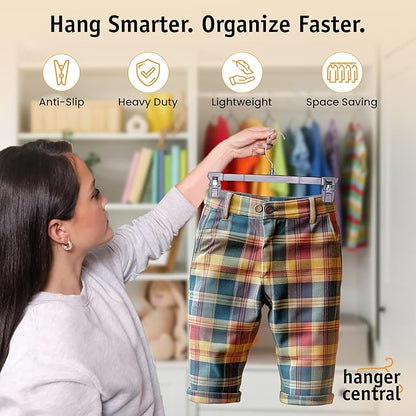 10 Inch 30 Pack Youth Pants Hangers Slim Plastic Clothes Hangers with Clips for Skirts, Shorts & Trousers Non Slip Grip, Heavy Duty Space Saver with Swivel Hook Black Organizer