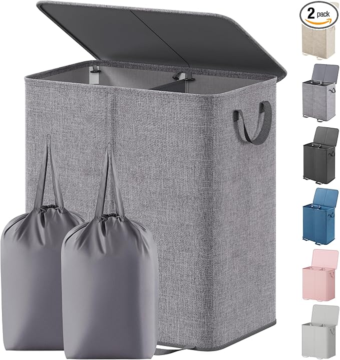 Lifewit Double Laundry Hamper with Lid and Removable Laundry Bags, Large Collapsible 2 Dividers Dirty Clothes Basket with Handles for Bedroom Laundry Room Closet Bathroom College, 155L Grey