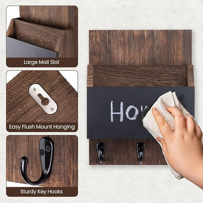 Key and Mail Holder for Wall Mount, Entryway Mail Holder with 2 Slot, Key Holder with 3 Sturdy Hooks for Coat, Dog Leash, Decorative Key Rack (8.86”W x 11.42”H x 3”D) (Brown)