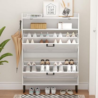 Shoe Cabinet with 2 Flip Drawers, Freestanding Hidden Shoe Storage Organizer for Entryway, Narrow Slim Shoe Rack Cabinet with Open Storage & Hooks for Front Door Entrance, Living Room, Hallway, White