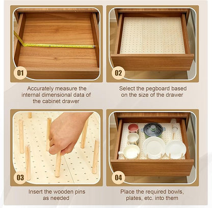 Kigley 12 Pcs Pegboard Drawer Organizer with 96 Drawer Peg Wood Peg Board Wooden Kitchen Plate Organizer for Dishes Food Containers Cookware Utensils(21 Inch,Wood Color)