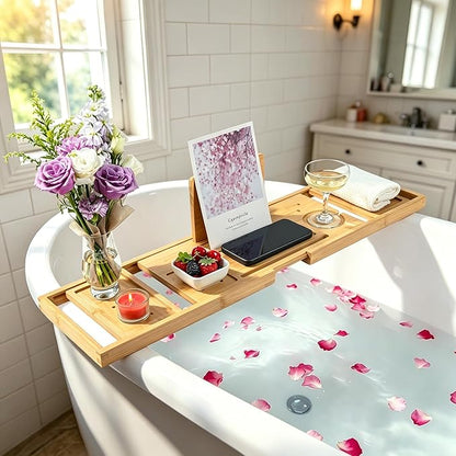 Utoplike Bamboo Bathtub Tray Caddy for Tub, Adjustable Bath Tray Bathroom Organizer with Book Tablet Wine Glass Cup and 2 Sliding Towel Holder