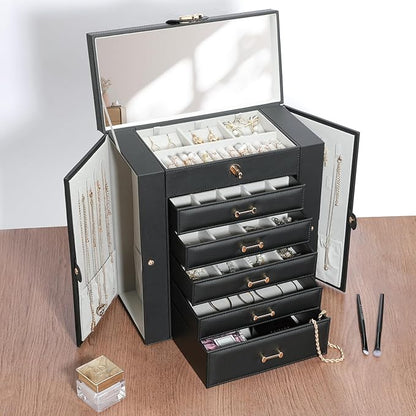 Large Jewelry Box,Jewelry Organizer Box with 5 Drawers,6-Tier Jewelry Holder Organizers Jewelry Storage Case with Mirror,Jewelry Boxes for Women (Black)