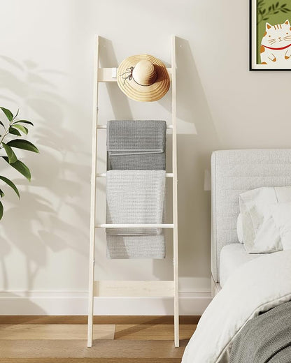 Hzuaneri Blanket Ladder Shelf for Living Room, Decorative Quilt Rack with 4 Removable Hooks, 5-Tier Farmhouse Ladder Holder Organizer for Bedroom, Rustic White BR02114W
