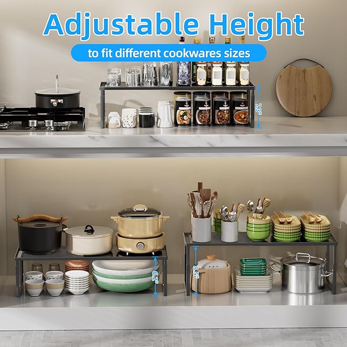 Shelf Organizer Stackable 2 Pack: Expandable (15.8"-25.5") Spice Rack Height Adjustable(6.2"/7.3"/8.5") Kitchen Organizer Countertop Metal Shelves for Pantry Storage White