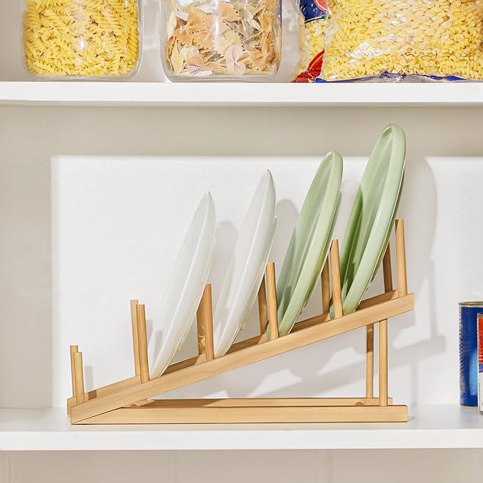 HBlife Bamboo Wooden Dish Drying Rack, 4 PCS Plate/Dish/Book/File/Bowl/Cup/Cutting Board/Pot Lid Organizer for Kitchen Counter, Office, Display Cabinet