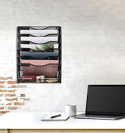 EasyPAG Wall File Holder Organizer 7 Tier Mesh Hanging Wall Mounted Document Paper Folder Filing Magazine Rack with Nametag Label for Office Home School, Black