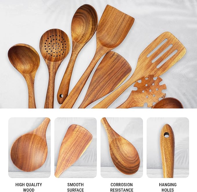 10 Piece Teak Wood Utensil Set - Non-Toxic, Ultimate Kitchen Cooking Spoons & Spatulas for Nonstick Cookware - Includes Pasta Spoon, Ladle & Skimmer - Premium Wooden Utensil Gift Set