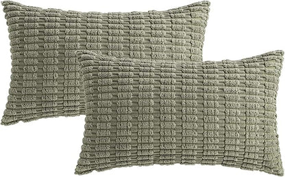 MIULEE Pack of 2 Corduroy Decorative Lumbar Throw Pillow Covers 20x12 Inch Soft Boho Striped Pillow Covers Modern Farmhouse Home Decor for Summer Sofa Living Room Couch Bed Light Olive Green