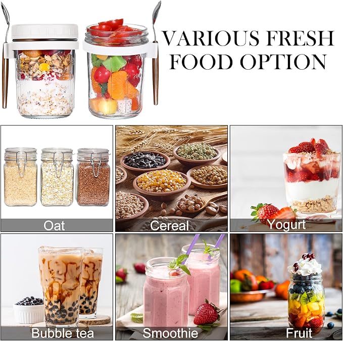 Patelai 8 Pcs 12 oz Overnight Oats Containers with Lids and Spoons Large Capacity Airtight Oatmeal Overnight Oat Jars with Measurement Marks Oatmeal Container for Milk Cereal Fruit (White)