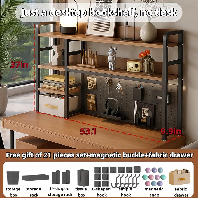 Desktop Bookshelf, pegboard Storage and Organization Rack, Dorm Desk Shelf, Desk Hutch, Desktop Storage for Office, Study, Student Display Rack,Desktop Shelves (Black+Walnut 53.1" Lx9.9 Wx37 H)