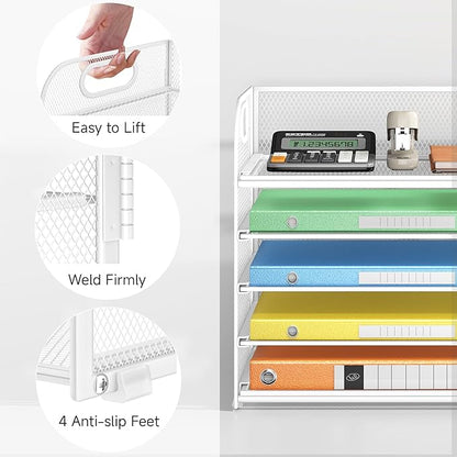 Lavatino 5 Tray Paper Organizer Letter Tray with Handle - Mesh Desk File Organizer, Paper Sorter Organizer for Office, Home or School File Folder Holder - White