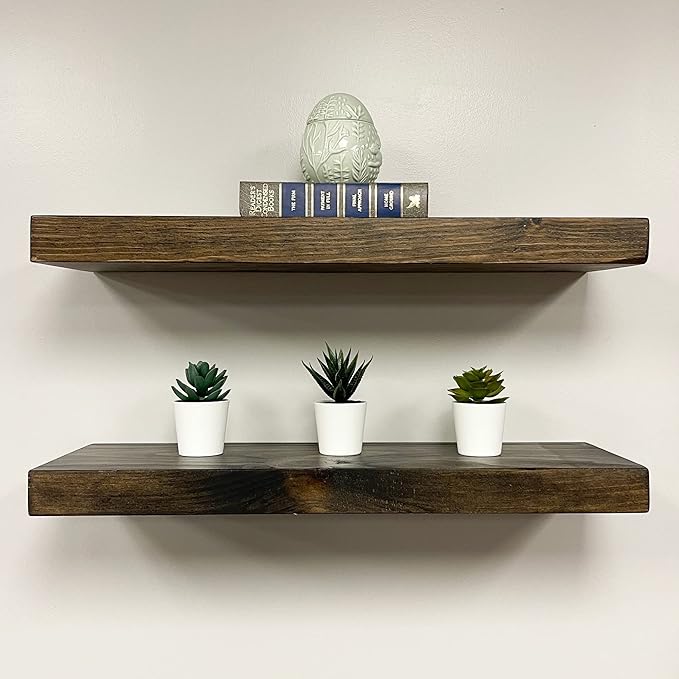 URBANDI, Rustic Floating Shelves, Set of 2, Hidden Bracket, Solid Wood, Heavy Duty, Wall Mounted Shelves, (Dark Brown, 24Wx12D)