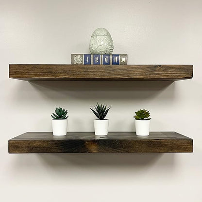 URBANDI, Rustic Floating Shelves, Set of 2, Hidden Bracket, Solid Wood, Heavy Duty, Wall Mounted Shelves, (Dark Brown, 36Wx12D)