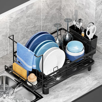 Dish Drying Rack, Stainless Steel-Dish Rack, Dish Racks for Kitchen Counter, Kitchen Dish Drainers with Removable Utensil Holder,New drain outlet,Plate Rack and Drainboard,(Black2 with Sponge Rack )