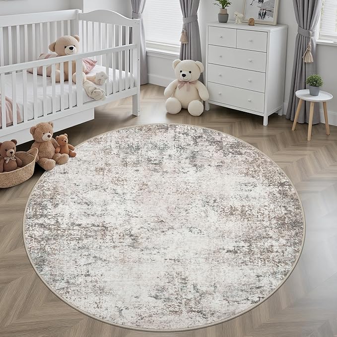 Round Area Rug for Living Room: 5 ft Washable Modern Abstract Soft Thin Rug Indoor Floor No Slip Stain Resistant Carpet for Bedroom Dining Room Farmhouse Nursery Home Office - Brown Grey