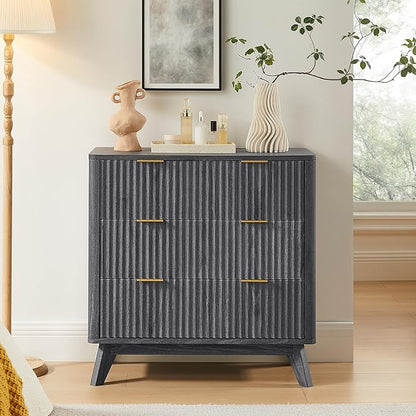 T4TREAM Fluted 3 Drawer Dresser, 32" Tall Modern Chest of Drawers, Curved Profile Design, Wood Drawer Organizer for Bedroom, Living Room, Hallway, Entryway, Dark Alder